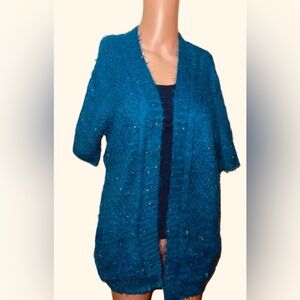 BCBGMAXAZRIA OPEN FRONT CARDIGAN CHUNKY CONFETTI KNIT SWEATER  WOMEN BLUE SIZE M